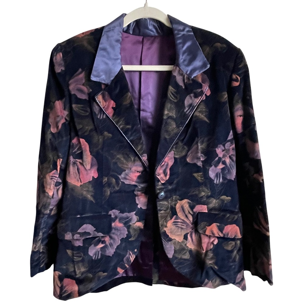 VTG Custom Velvet Floral Blazer Jacket Purple Lined USA Art to Wear Statement